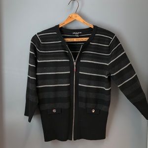 Ladies Zippered Cardigan, Black with Striping, Slim fit, Sz Lg Petite